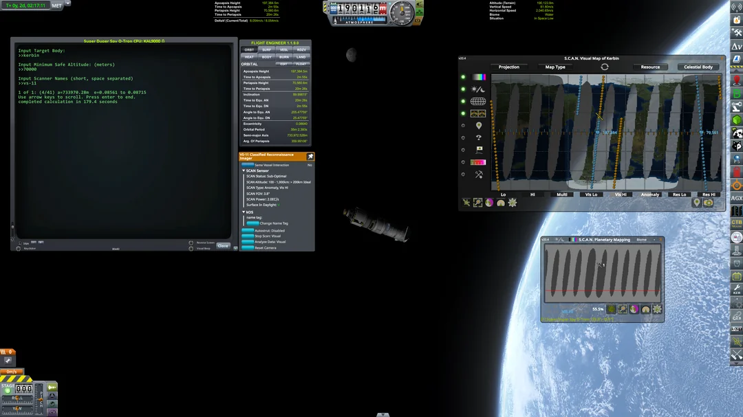 Image of a satellite in orbit with KOs terminal showing ScanSolver and the ground stacks showing on the SCANSat map